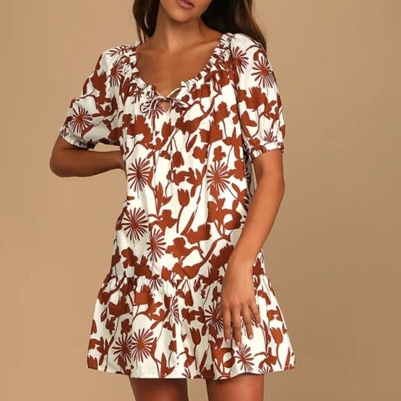 Lulus Lush White and Brown Floral Print Babydoll Dress - Picture 8 of 9